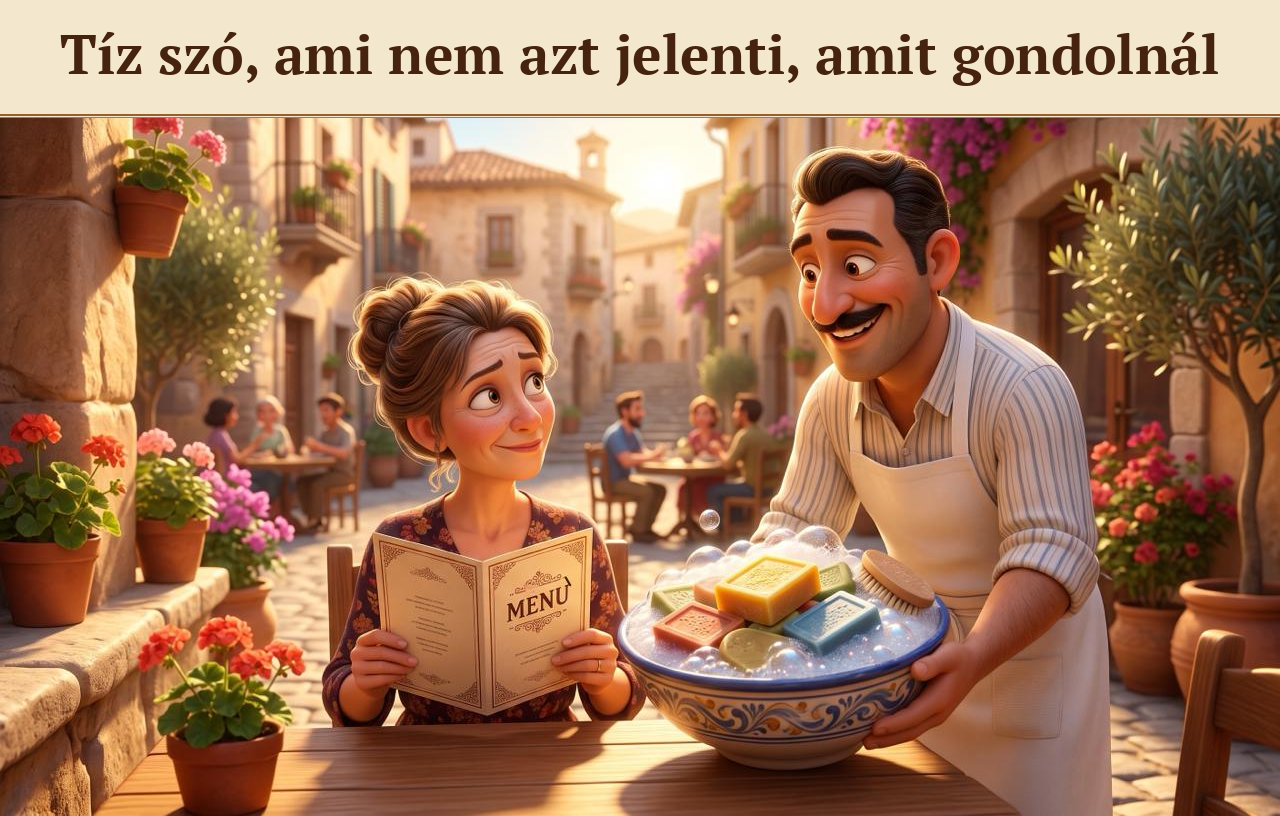Spanyol teraszon egy pincér nagy tálat tesz az asztalra, de a tálban leves helyett színes szappanok úsznak. A vendég a menüt tartva hitetlenkedve néz rá.
