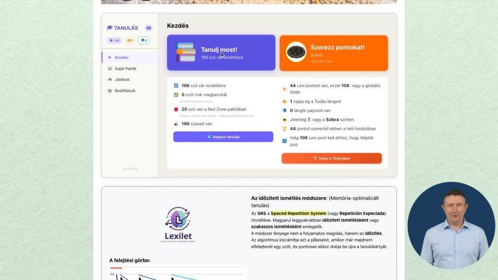 A Lexilet kezdőlapja az Online Spanyolon: Tanulj most gomb, Tűzpróba és a bemutató videó avatarja a jobb alsó sarokban.